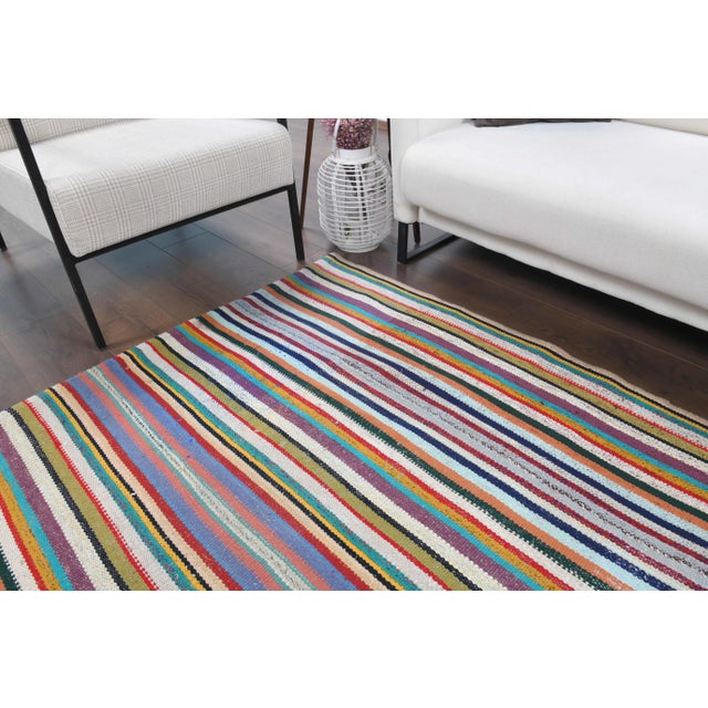 Textile Vintage Turkish Oushak Handmade Wool Cotton Green Kilim Area Rug For Sale - Image 7 of 11