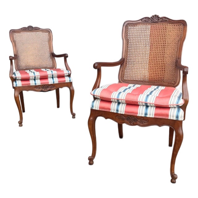 1976 Kindel French Provincial Carved Wood Cane Back Armchairs – Pair For Sale