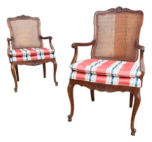 1976 Kindel French Provincial Carved Wood Cane Back Armchairs – Pair