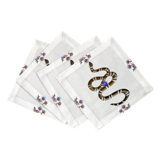 Thistle And Snake Cotton Sateen Cocktail Napkins in Blue White, Set of 4 For Sale