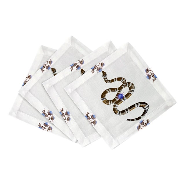 Thistle And Snake Cotton Sateen Cocktail Napkins in Blue White, Set of 4 For Sale