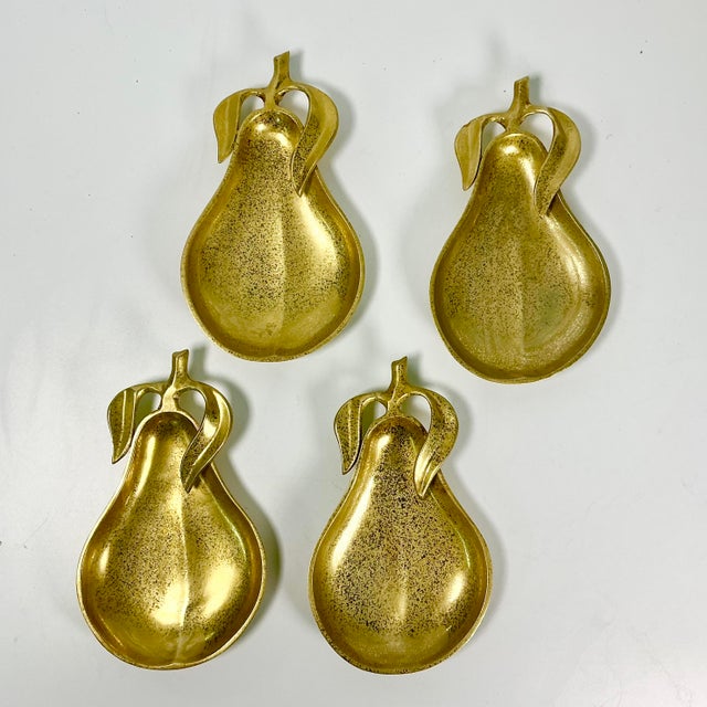 Mid-Century Hollywood Regency Boho Chic Brass Pear Dessert Plates - Set of 4 For Sale - Image 6 of 12
