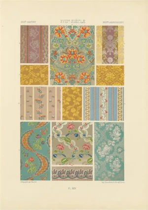 Floral and Striped Rococo Fabrics, 1869, Paper