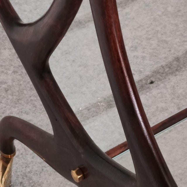 Brown 1950s Italian Wood, Glass and Brass Bar Cart With Magazine Rack, Attributed to Cesare Lacca For Sale - Image 8 of 11