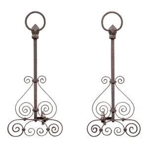 19th Century Antique Scrollwork Wrought Iron Andirons—A Pair