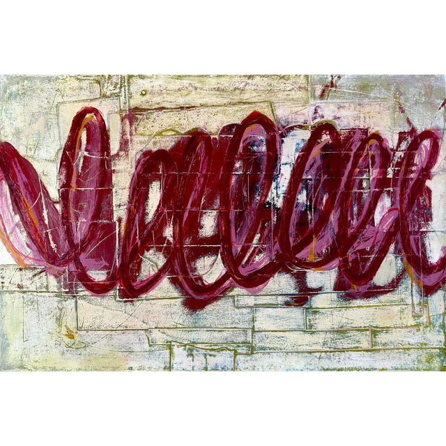 A thick, looping ribbon of deep crimson sweeps across the canvas like a single breath of handwriting, over a pale ground...