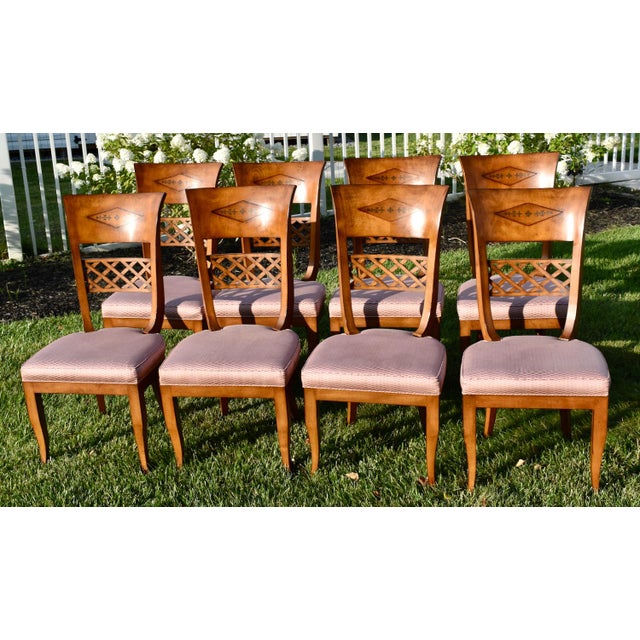 1960s Vintage Brass Inlay Chairs Vintage Italian Regency Style Dining Chairs Set of 8 For Sale - Image 5 of 18