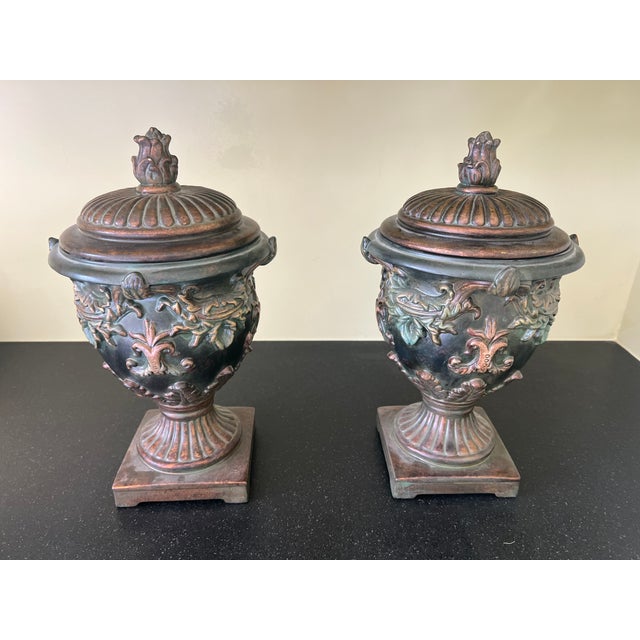 Maitland - Smith Pair of Neoclassical Bronze Urns With Lids, Floral Relief & Verdigris Patina For Sale - Image 4 of 4