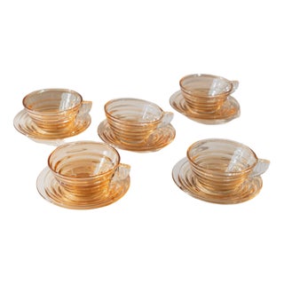 Vintage Glass Coffee Cups and Saucers in Apricot Iridescent Ribbed Glass, Italy, Set of 10 For Sale