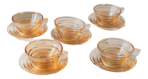 Vintage Glass Coffee Cups and Saucers in Apricot Iridescent Ribbed Glass, Italy, Set of 10