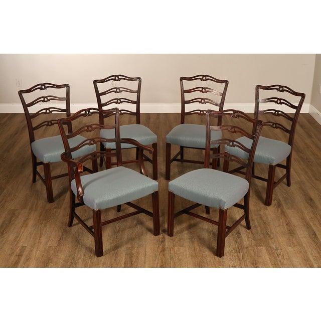 High Quality Vintage Set of Six Ladderback Mahogany Dining Chairs with Custom Upholstered Seats, Includes One Armchair