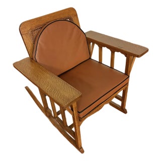 Vintage Oak & Cane Mission Style Rocking Chair With New Leather Cushions For Sale