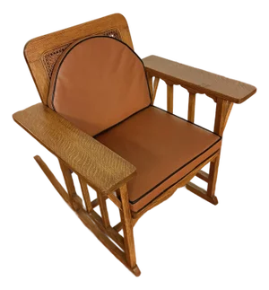 Vintage Oak & Cane Mission Style Rocking Chair With New Leather Cushions