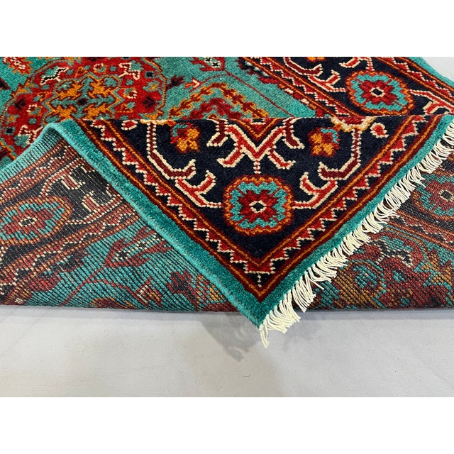 Turquoise Floral Geometric Tribal Wool Runner, 2'9" X 6'7" For Sale - Image 12 of 13
