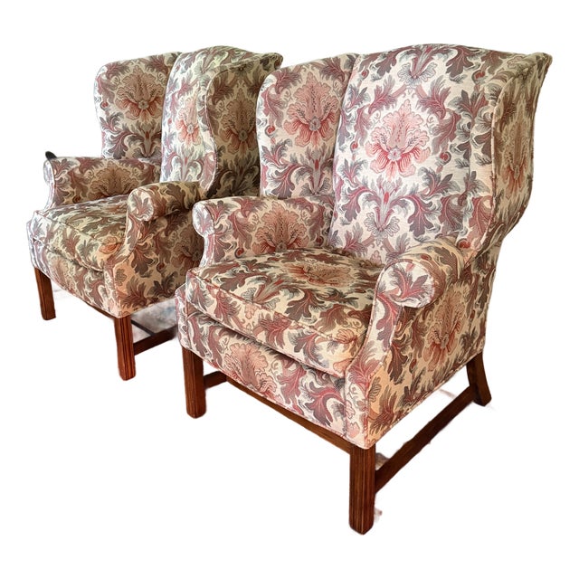 Pair of Jacquard TRS Wingback Chairs For Sale