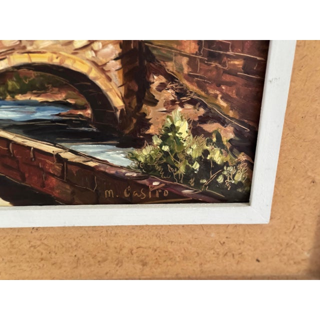 Vintage Spanish Hillside Village Oil Painting by M. Castro, Signed For Sale In Philadelphia - Image 6 of 11