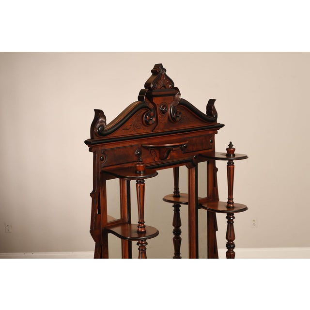 Victorian Antique American Renaissance Revival Walnut Mirrored Etagere Hall Tree For Sale - Image 3 of 18