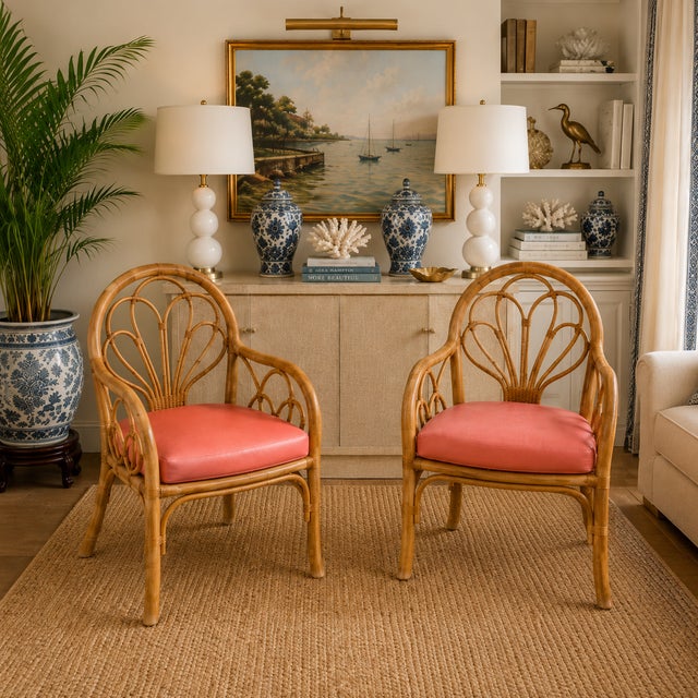 1970s Vintage Rattan Petal Fan-Back Armchairs With Coral Pink Cushions — Pair For Sale - Image 5 of 5
