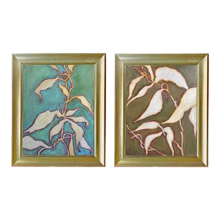 Original Botanical Leaf Diptych — Teal & Olive Studies, Oil Sticks on Canvas, 12" X 16" Each, by Tatiana Duperault For Sale