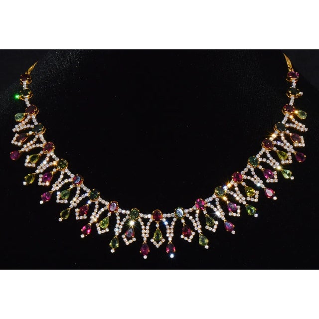 Gemstone Certified Natural 26.2CTS VS G Diamond Tourmaline 18K Solid Gold Cocktail Necklace For Sale - Image 7 of 13