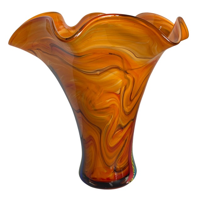 Murano Murano Missoni Style Art Glass Orange Fazoletto Filligrana Vase For Sale - Image 4 of 12