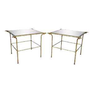 Mid 20th Century Pair Vintage Italian Hollywood Regency Faux Bamboo Gold Mirror Iron Side Tables
