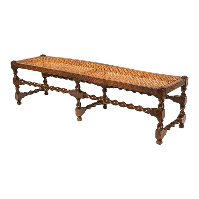 Antique English Jacobean Carved Walnut Barley Twist Caned Long Bench Seat 1880 For Sale