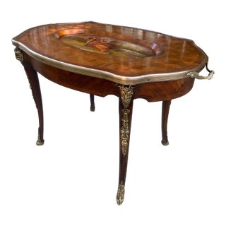 Italian Parquetry Inlaid Tray Table With Painted Figural Panel and Removable Glass Top Late 19th Century For Sale