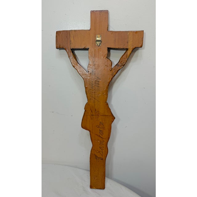 Big Vintage Hand Carved Wood Folk Art Religious Jesus Crucified Cross Sculpture For Sale - Image 15 of 15