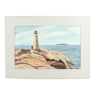 Late 20th Century Original Watercolor Lighthouse Painting of Peggy's Cove, Nova Scotia For Sale