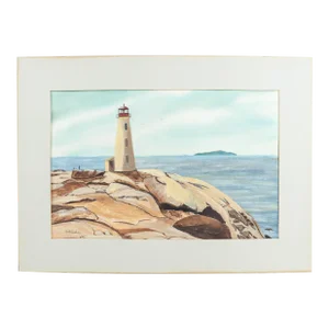 Late 20th Century Original Watercolor Lighthouse Painting of Peggy's Cove, Nova Scotia