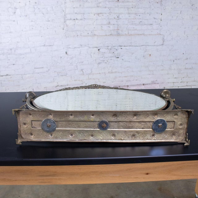 Copper Late 19th to Early 20th Century Art Nouveau Tabletop Metal Vanity Oval Beveled Mirror W/Candle Holders For Sale - Image 8 of 18