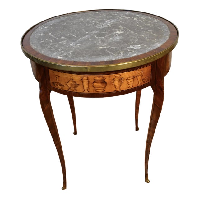 1900s Antique French Louis XV Walnut & Satinwood Inlay Marble Top Side End Table For Sale
