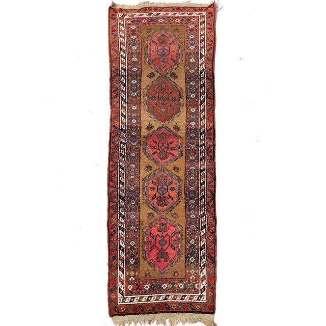 Textile Antique Camel Hair Runnr with Coral Pinks, Watermelon, Rust Rug 3.2 x 9.5 For Sale - Image 7 of 10