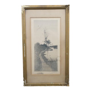 Antique Alfred J Haller Farmhouse Cottage Village Bridge Landscape Etching 22" For Sale