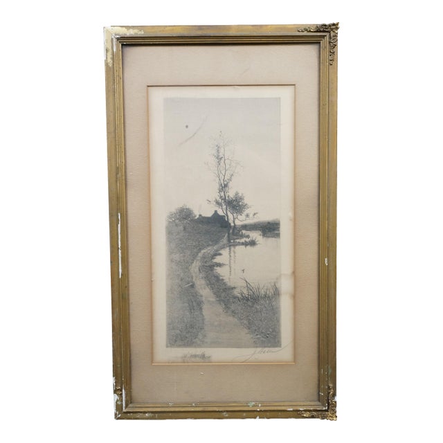Antique Alfred J Haller Farmhouse Cottage Village Bridge Landscape Etching 22" For Sale