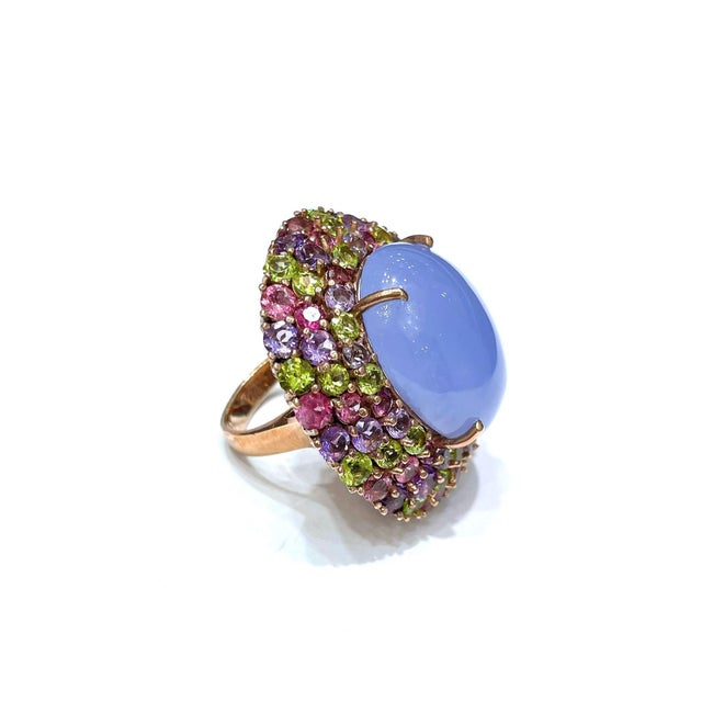 Bochic “Orient” Vintage Chalcedony & Multi-Gem Cocktail Ring in 18K Gold & Silver A striking and highly collectible...