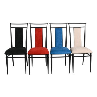 Set of 4 Postmodern Faux Suede Dining Chairs in Mixed Colors With Black Metal Frames For Sale