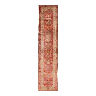 Vintage Turkish Oushak Runner With Geometric Medallion Design in Muted Coral 3'0 X 15'8 For Sale