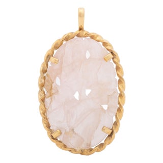 Chinese Carved Floral Motif Rose Quartz 14k Yellow Gold Pendant For Sale