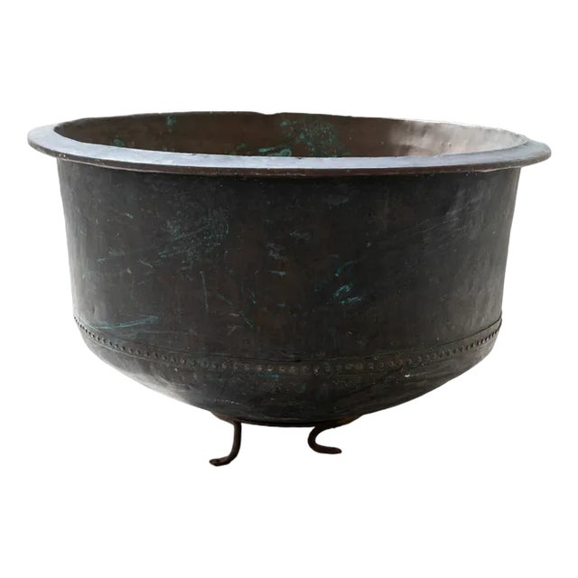 Antique Copper Cauldron with Iron Base & Decorations, 1800s For Sale