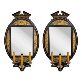 Lamb of Manchester Aesthetic Movement Ebonized Gilt Chinoiserie Mirrored Sconces For Sale