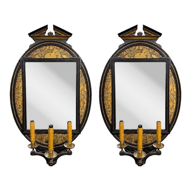 Lamb of Manchester Aesthetic Movement Ebonized Gilt Chinoiserie Mirrored Sconces For Sale
