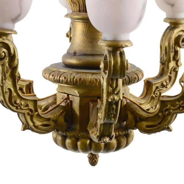 Art Nouveau 1910's Art Nouveau Italian Carved Gilt Wood & Alabaster Chandelier For Sale - Image 3 of 4