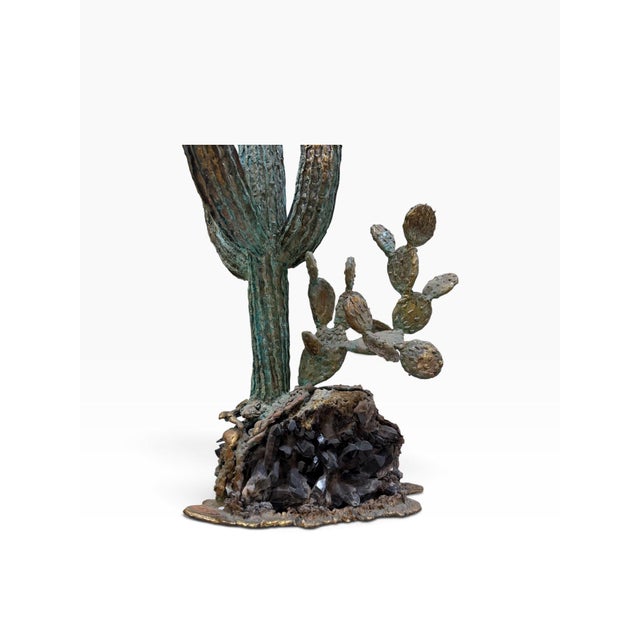 Brutalist 1980s Monumental 42" Martin Borja Brutalist Bronze Saguaro & Prickly Pear Cactus on Smoky Quartz Base For Sale - Image 3 of 9