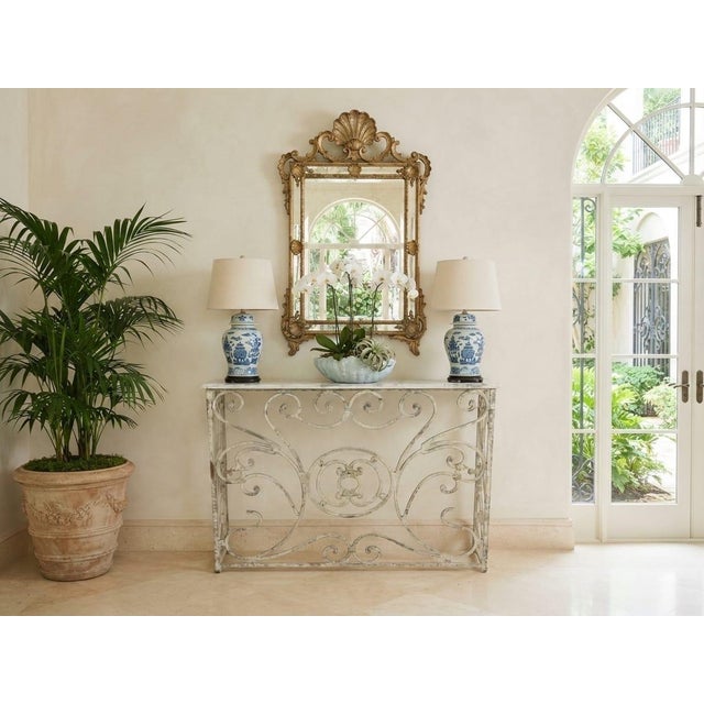 Vintage French Country Whitewashed Wrought Iron Console Table With Marble Top For Sale - Image 10 of 12