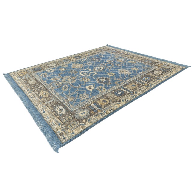 Modern Oushak Style Hand-Knotted Wool Area Rug in French Blue, Slate Grey & Gold For Sale - Image 11 of 12