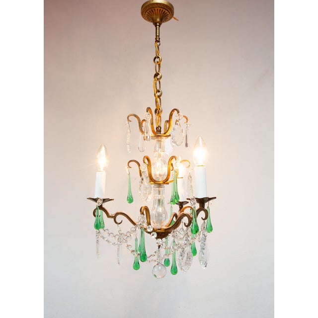 Antique French Chandelier with Bronze Drops and Green Crystal, 1960s For Sale - Image 3 of 9