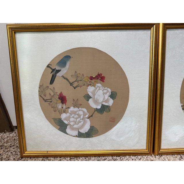 Vintage Chinese Watercolor Painting on Silk Framed Pictures Birds Floral Signed - a Pair For Sale - Image 9 of 12