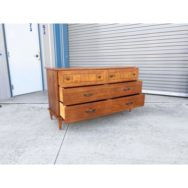 1960s Mid Century Walnut and Burlwood Dresser by Lane For Sale In Los Angeles - Image 6 of 12